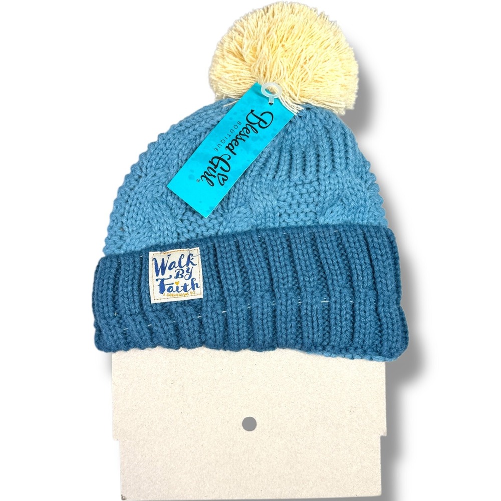 Blessed Girl Women's Pom Pom Two Toned Blue Beanie Walk By Faith Blue